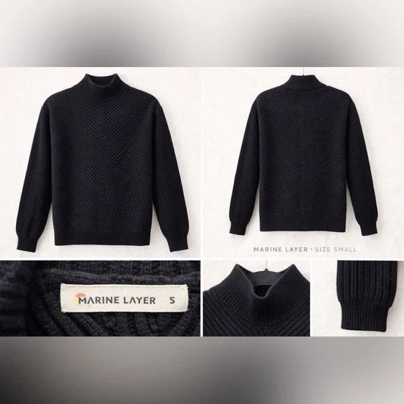 Marine Layer Black Ribbed Mock Neck Chevron Knit Sweater S - Picture 8 of 12